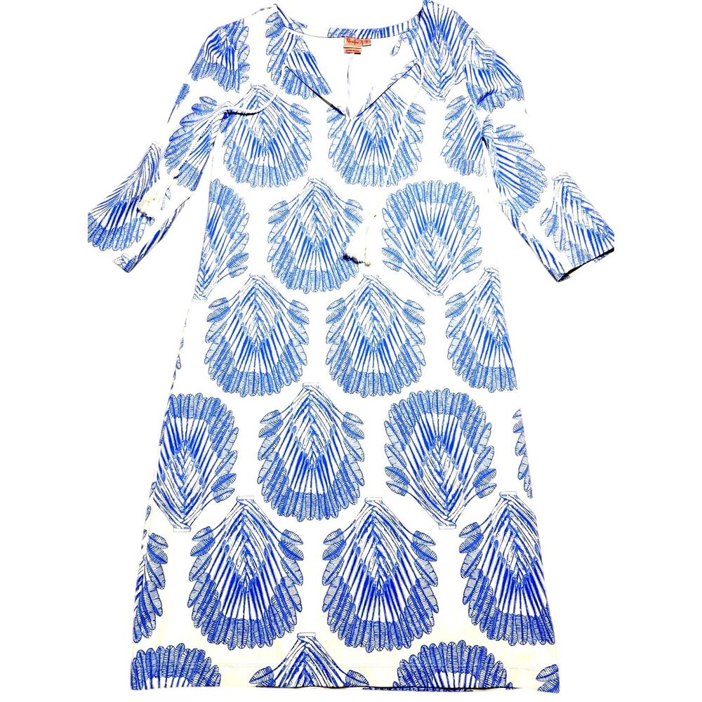 Persifor Winthrop Tunic Dress S Blue White Shell Fan Print Tassel Stretch USA